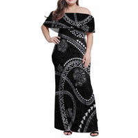 Hawaiian Kakau Art and Hisbiscus Tattoo Family Matching Off Shoulder Maxi Dress and Hawaiian Shirt Tribal Pattern-Silver Style - Polynesian Pride