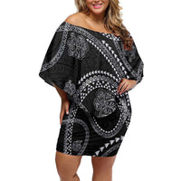 Hawaiian Kakau Art and Hisbiscus Tattoo Family Matching Off Shoulder Short Dress and Hawaiian Shirt Tribal Pattern-Silver Style - Polynesian Pride