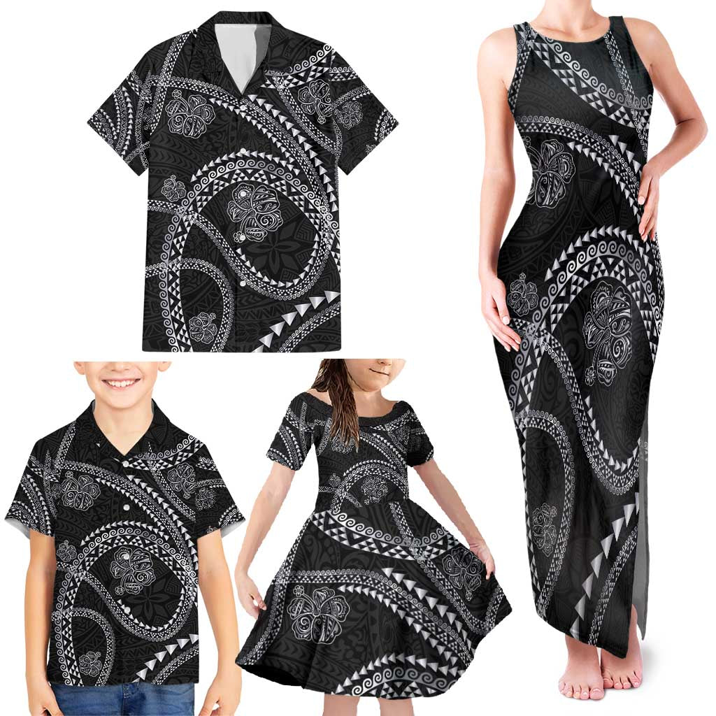 Hawaiian Kakau Art and Hisbiscus Tattoo Family Matching Tank Maxi Dress and Hawaiian Shirt Tribal Pattern-Silver Style - Polynesian Pride