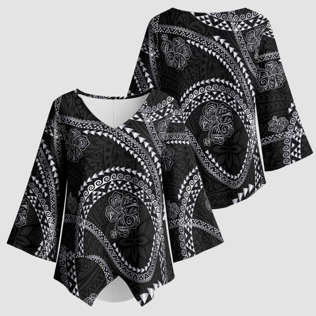 Hawaiian Kakau Art and Hisbiscus Tattoo Kimono Sleeve Blouse Tribal Pattern-Silver Style - Polynesian Pride