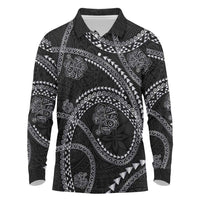 Hawaiian Kakau Art and Hisbiscus Tattoo Long Sleeve Polo Shirt Tribal Pattern-Silver Style - Polynesian Pride