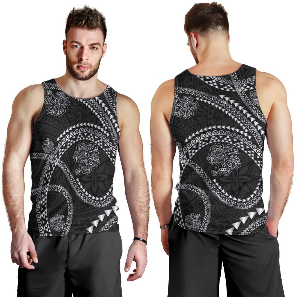 Hawaiian Kakau Art and Hisbiscus Tattoo Men Tank Top Tribal Pattern-Silver Style - Polynesian Pride