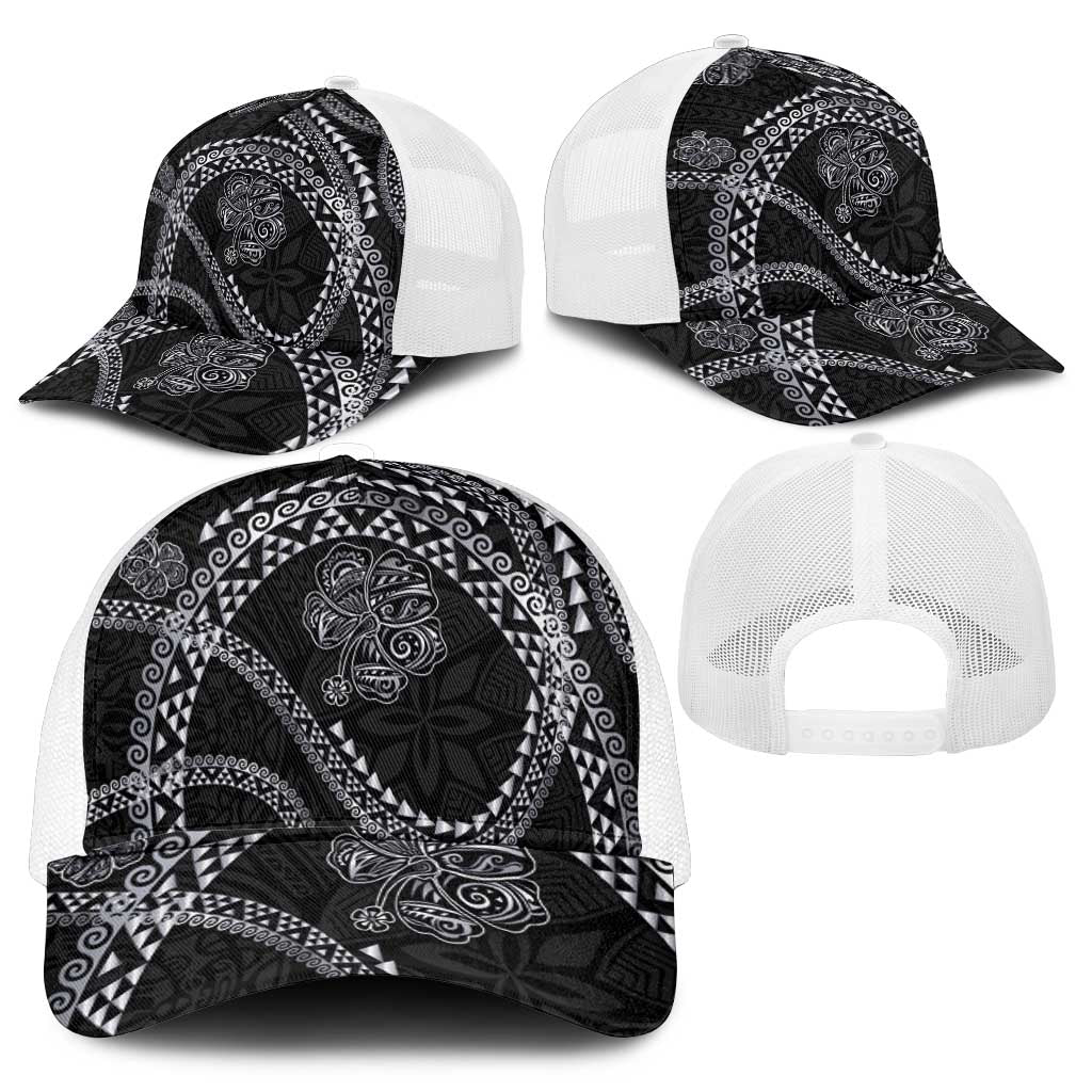 Hawaiian Kakau Art and Hisbiscus Tattoo Mesh Trucker Cap Tribal Pattern-Silver Style - Polynesian Pride