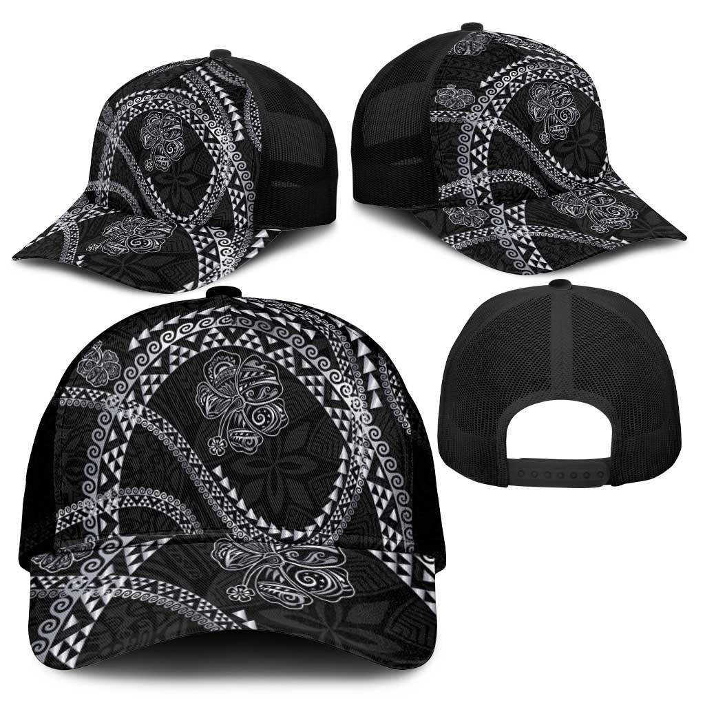 Hawaiian Kakau Art and Hisbiscus Tattoo Mesh Trucker Cap Tribal Pattern-Silver Style - Polynesian Pride
