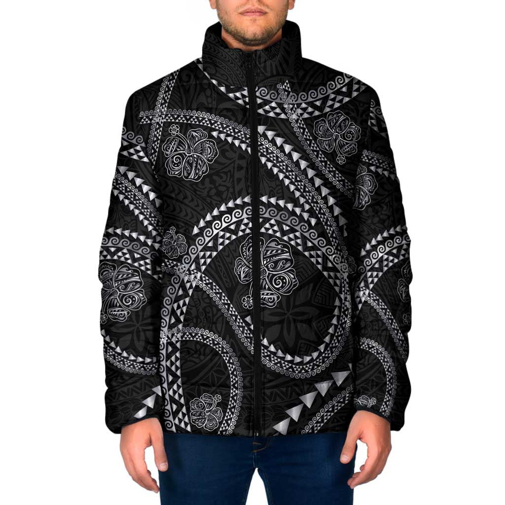 Hawaiian Kakau Art and Hisbiscus Tattoo Padded Jacket Tribal Pattern-Silver Style LT03 Men Black - Polynesian Pride