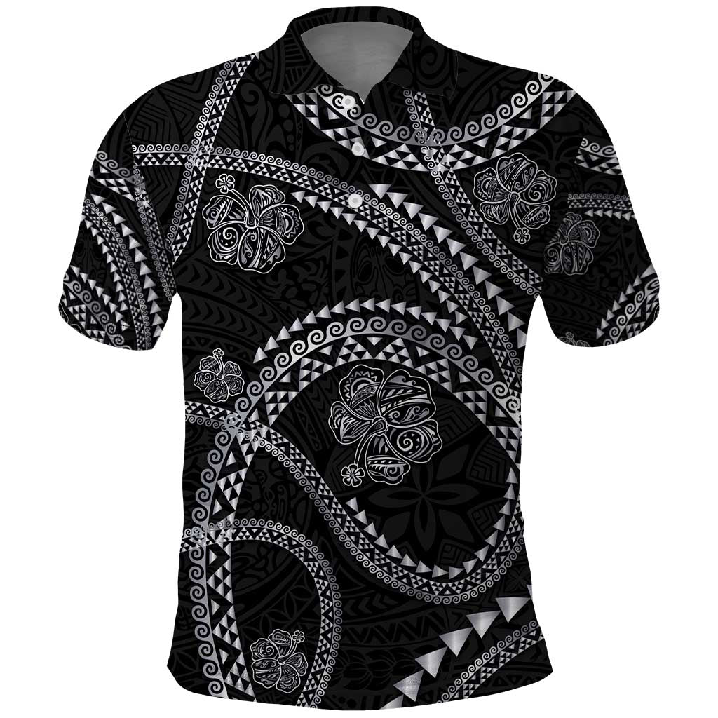 Hawaiian Kakau Art and Hisbiscus Tattoo Polo Shirt Tribal Pattern-Silver Style - Polynesian Pride