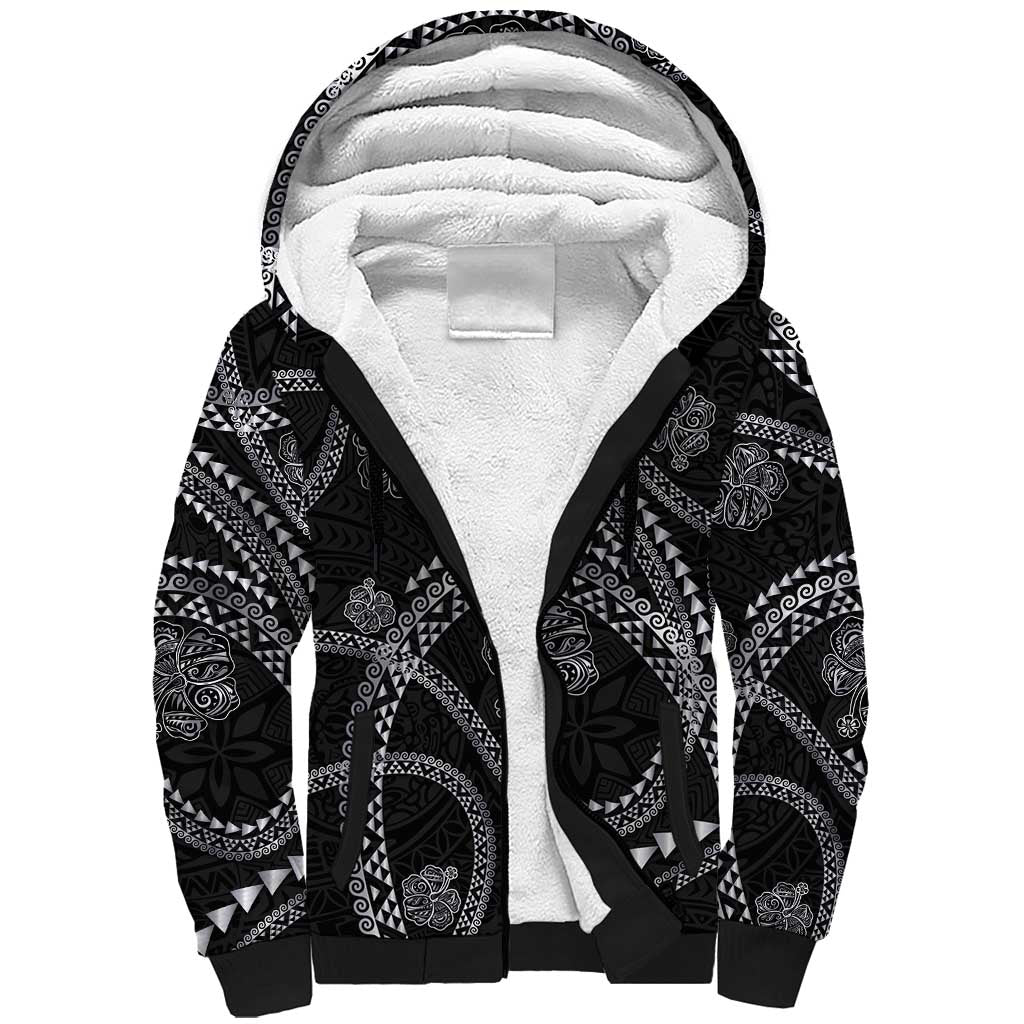 Hawaiian Kakau Art and Hisbiscus Tattoo Sherpa Hoodie Tribal Pattern-Silver Style - Polynesian Pride