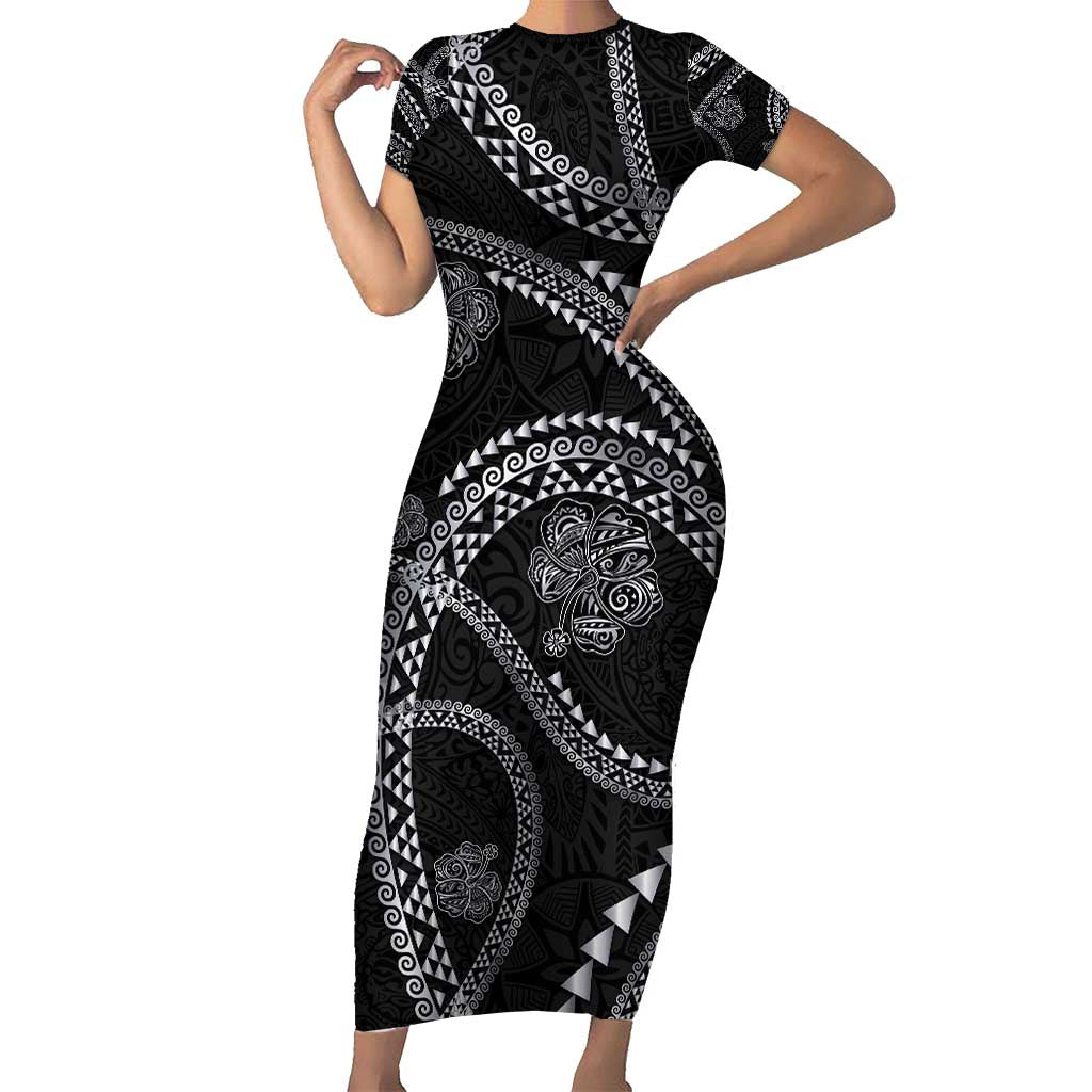 Hawaiian Kakau Art and Hisbiscus Tattoo Short Sleeve Bodycon Dress Tribal Pattern-Silver Style - Polynesian Pride
