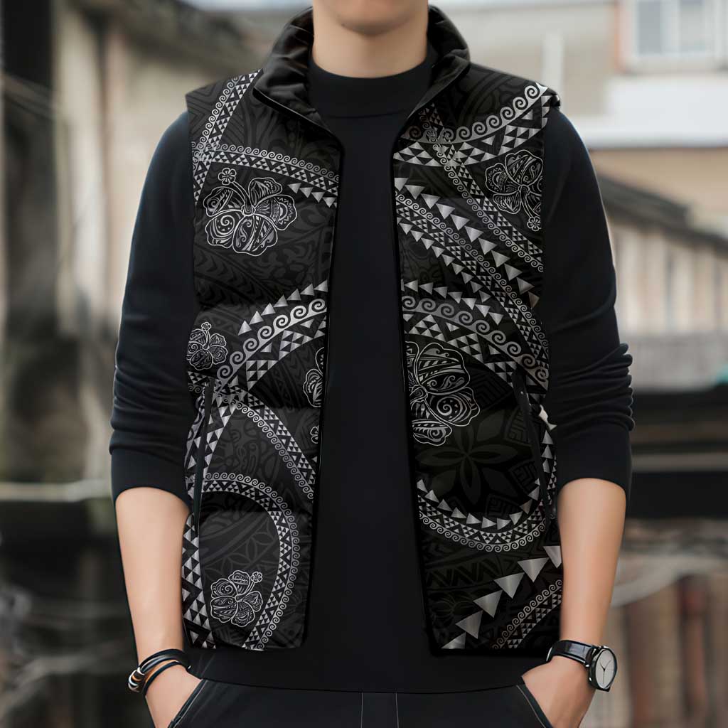 Hawaiian Kakau Art and Hisbiscus Tattoo Sleeveless Puffer Jacket Tribal Pattern-Silver Style - Polynesian Pride