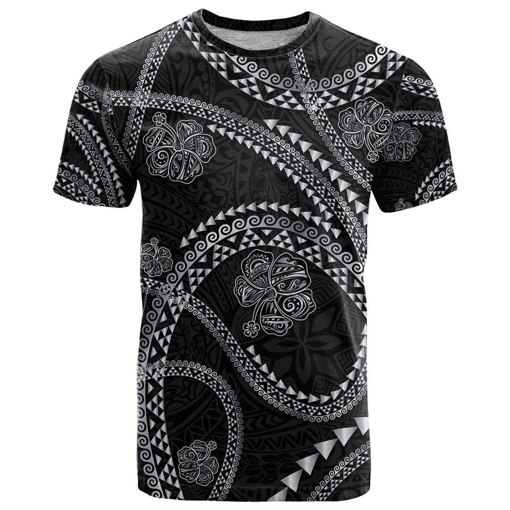 Hawaiian Kakau Art and Hisbiscus Tattoo T Shirt Tribal Pattern-Silver Style - Polynesian Pride
