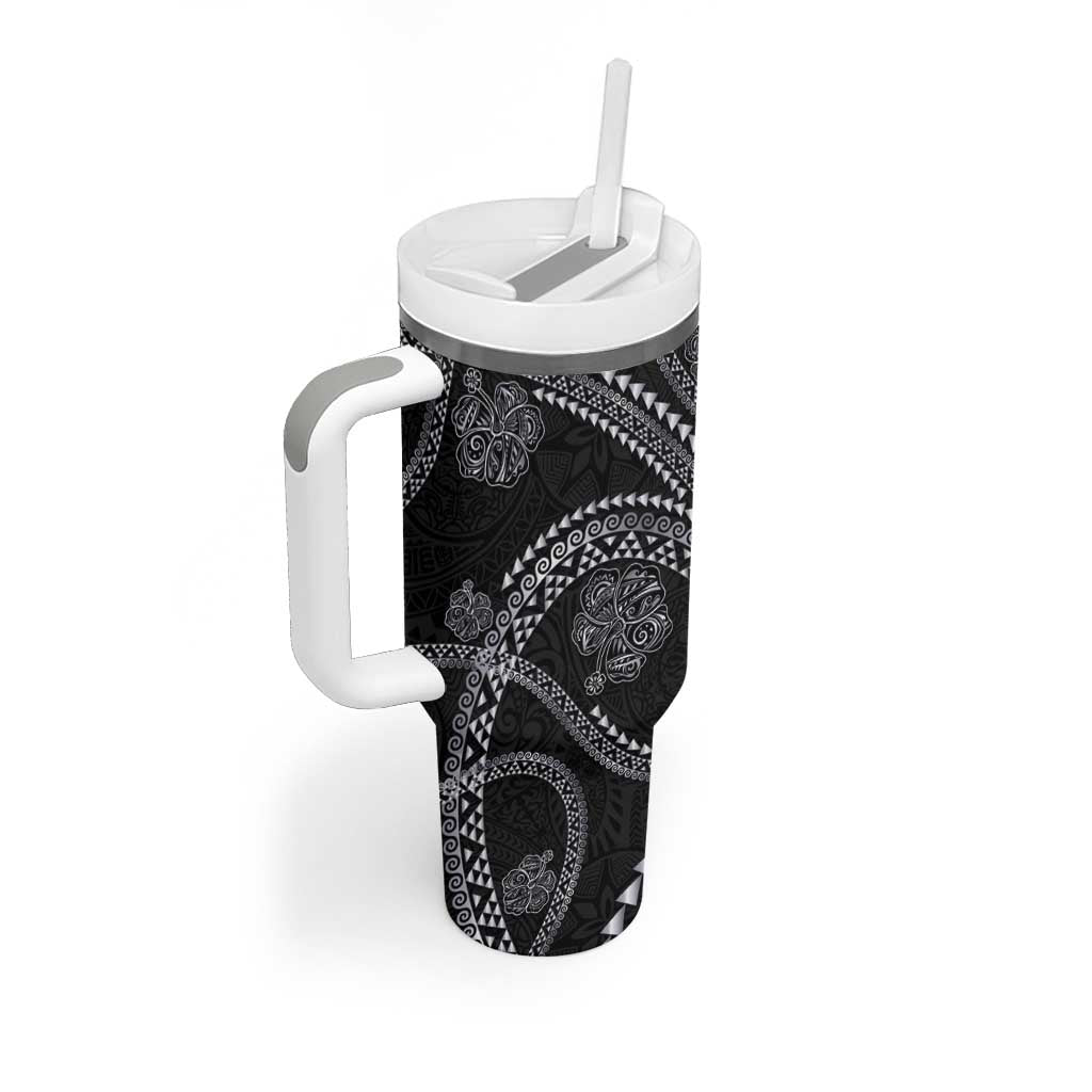 Hawaiian Kakau Art and Hisbiscus Tattoo Tumbler With Handle Tribal Pattern-Silver Style - Polynesian Pride