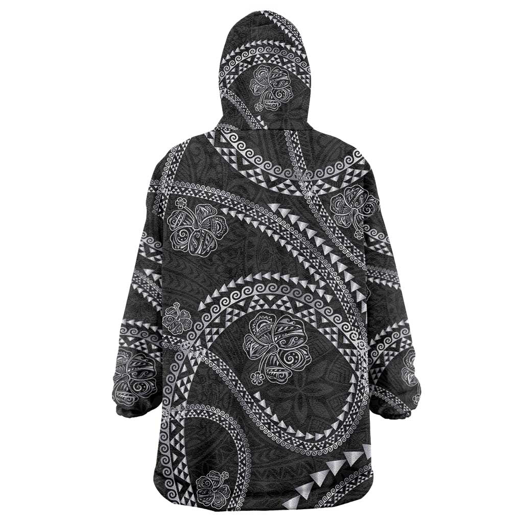 Hawaiian Kakau Art and Hisbiscus Tattoo Wearable Blanket Hoodie Tribal Pattern-Silver Style - Polynesian Pride