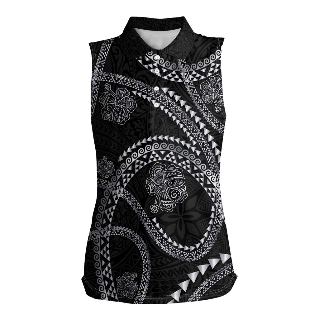 Hawaiian Kakau Art and Hisbiscus Tattoo Women Sleeveless Polo Shirt Tribal Pattern-Silver Style - Polynesian Pride