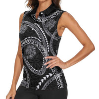 Hawaiian Kakau Art and Hisbiscus Tattoo Women Sleeveless Polo Shirt Tribal Pattern-Silver Style - Polynesian Pride