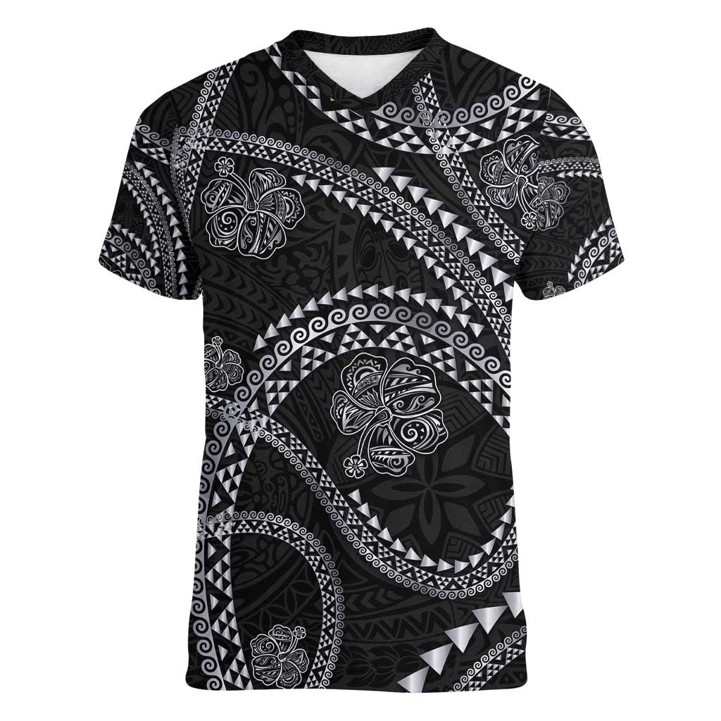 Hawaiian Kakau Art and Hisbiscus Tattoo Women V-Neck T-Shirt Tribal Pattern-Silver Style - Polynesian Pride