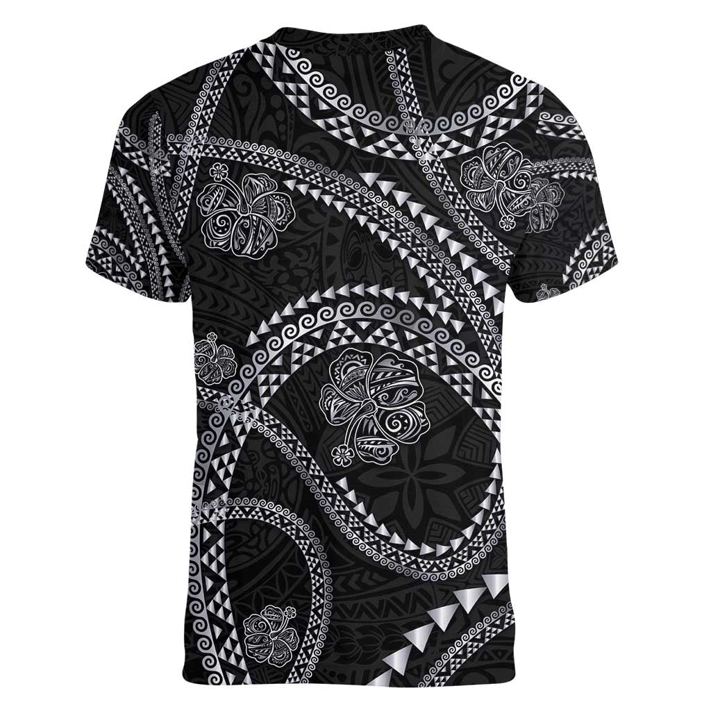 Hawaiian Kakau Art and Hisbiscus Tattoo Women V-Neck T-Shirt Tribal Pattern-Silver Style - Polynesian Pride