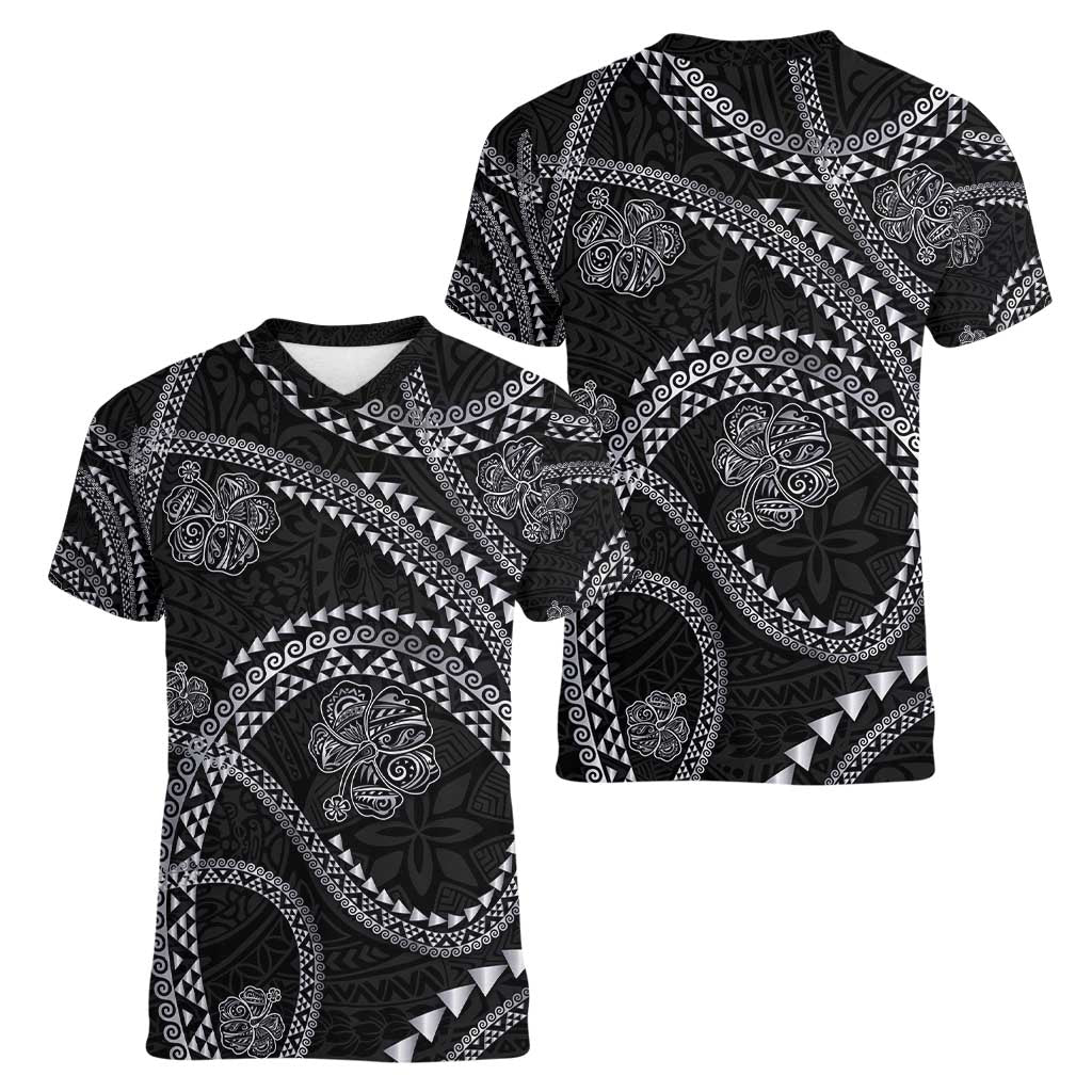 Hawaiian Kakau Art and Hisbiscus Tattoo Women V-Neck T-Shirt Tribal Pattern-Silver Style - Polynesian Pride