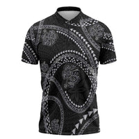 Hawaiian Kakau Art and Hisbiscus Tattoo Zipper Polo Shirt Tribal Pattern-Silver Style - Polynesian Pride