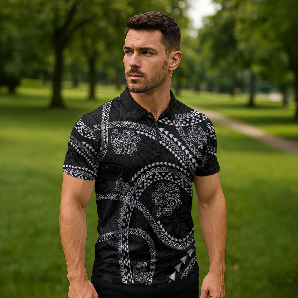 Hawaiian Kakau Art and Hisbiscus Tattoo Zipper Polo Shirt Tribal Pattern-Silver Style - Polynesian Pride