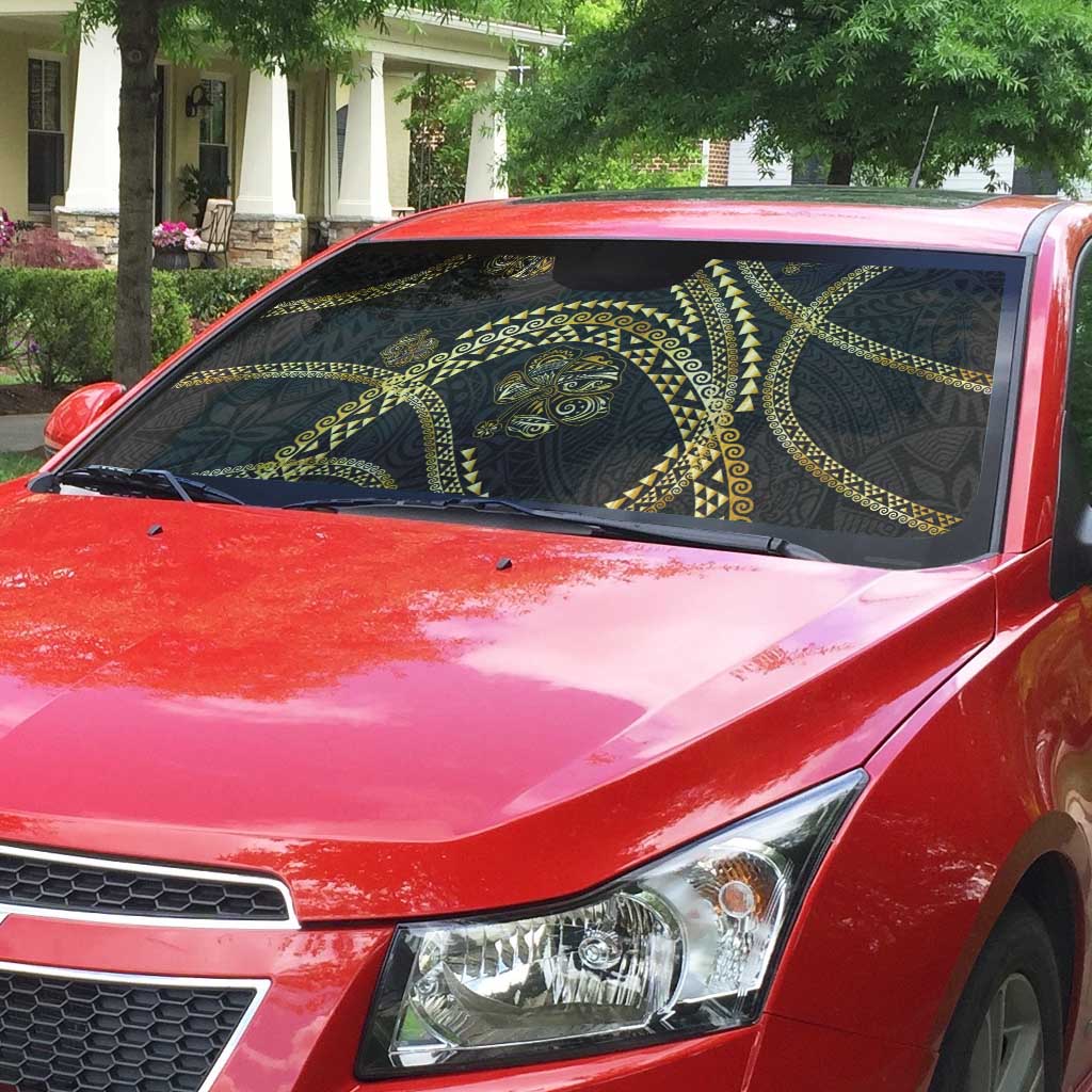 Hawaiian Kakau Art and Hisbiscus Tattoo Auto Sun Shade Tribal Pattern-Gold Style - Polynesian Pride