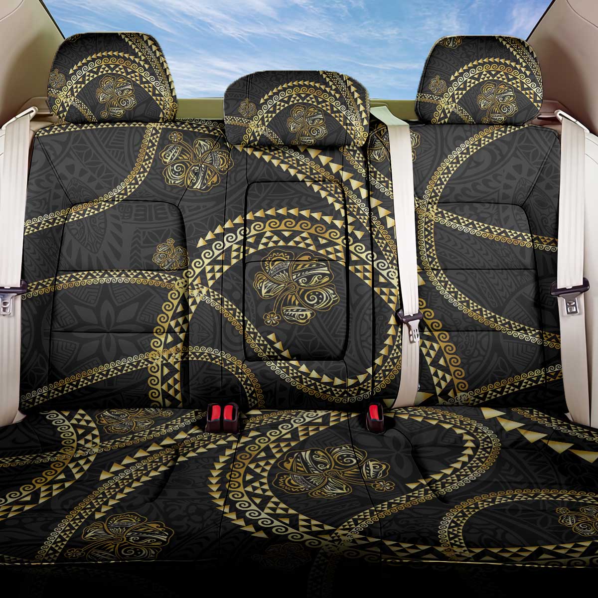 Hawaiian Kakau Art and Hisbiscus Tattoo Back Car Seat Cover Tribal Pattern-Gold Style - Polynesian Pride