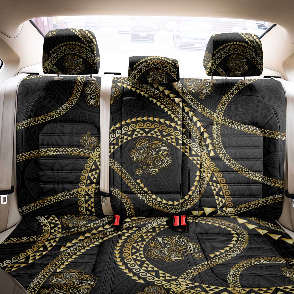 Hawaiian Kakau Art and Hisbiscus Tattoo Back Car Seat Cover Tribal Pattern-Gold Style - Polynesian Pride