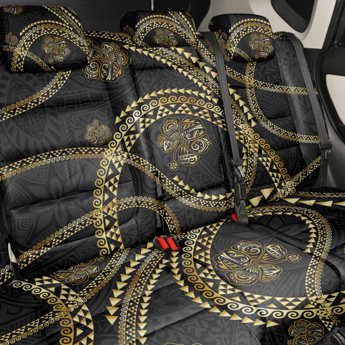 Hawaiian Kakau Art and Hisbiscus Tattoo Back Car Seat Cover Tribal Pattern-Gold Style - Polynesian Pride