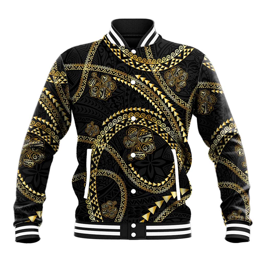 Hawaiian Kakau Art and Hisbiscus Tattoo Baseball Jacket Tribal Pattern-Gold Style LT03 Unisex Black - Polynesian Pride