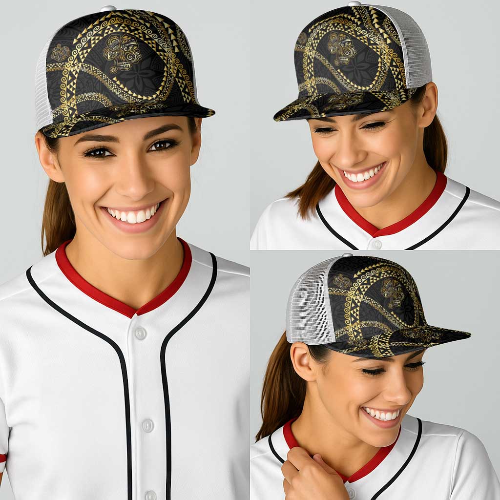 Hawaiian Kakau Art and Hisbiscus Tattoo Baseball Net Cap Tribal Pattern-Gold Style - Polynesian Pride