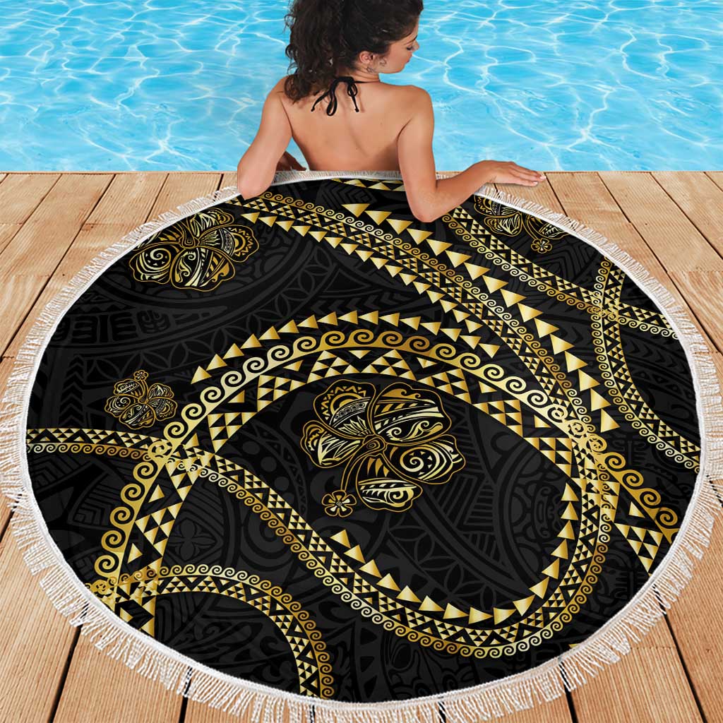 Hawaiian Kakau Art and Hisbiscus Tattoo Beach Blanket Tribal Pattern-Gold Style - Polynesian Pride