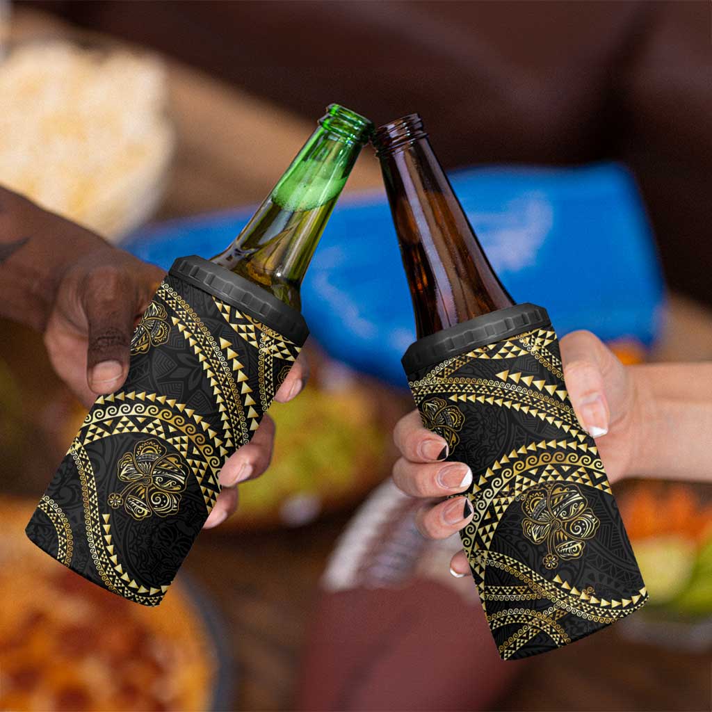 Hawaiian Kakau Art and Hisbiscus Tattoo 4 in 1 Can Cooler Tumbler Tribal Pattern-Gold Style - Polynesian Pride