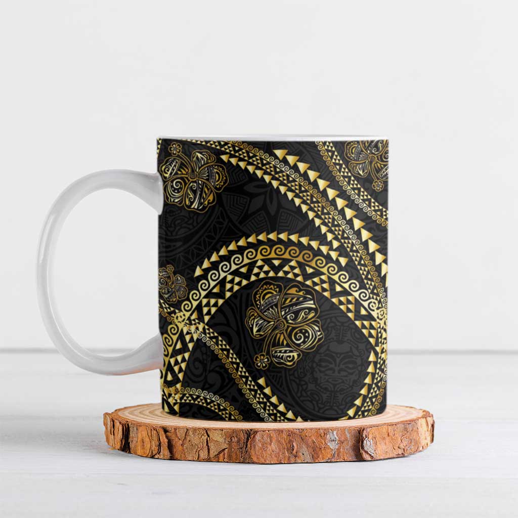Hawaiian Kakau Art and Hisbiscus Tattoo Ceramic Mug Tribal Pattern-Gold Style - Polynesian Pride