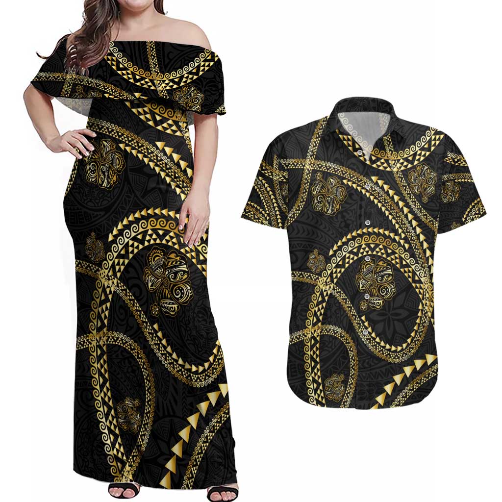 Hawaiian Kakau Art and Hisbiscus Tattoo Couples Matching Off Shoulder Maxi Dress and Hawaiian Shirt Tribal Pattern-Gold Style - Polynesian Pride