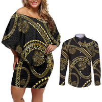 Hawaiian Kakau Art and Hisbiscus Tattoo Couples Matching Off Shoulder Short Dress and Long Sleeve Button Shirt Tribal Pattern-Gold Style - Polynesian Pride