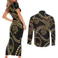 Hawaiian Kakau Art and Hisbiscus Tattoo Couples Matching Short Sleeve Bodycon Dress and Long Sleeve Button Shirt Tribal Pattern-Gold Style - Polynesian Pride