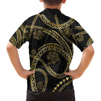 Hawaiian Kakau Art and Hisbiscus Tattoo Family Matching Long Sleeve Bodycon Dress and Hawaiian Shirt Tribal Pattern-Gold Style - Polynesian Pride