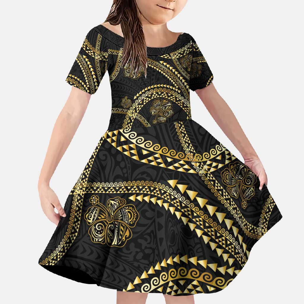 Hawaiian Kakau Art and Hisbiscus Tattoo Family Matching Long Sleeve Bodycon Dress and Hawaiian Shirt Tribal Pattern-Gold Style - Polynesian Pride