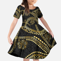 Hawaiian Kakau Art and Hisbiscus Tattoo Family Matching Long Sleeve Bodycon Dress and Hawaiian Shirt Tribal Pattern-Gold Style - Polynesian Pride