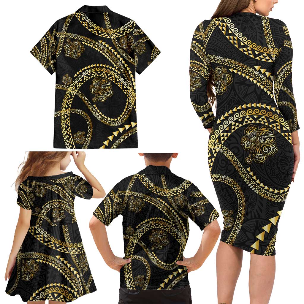 Hawaiian Kakau Art and Hisbiscus Tattoo Family Matching Long Sleeve Bodycon Dress and Hawaiian Shirt Tribal Pattern-Gold Style - Polynesian Pride