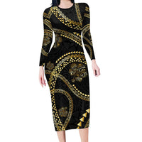 Hawaiian Kakau Art and Hisbiscus Tattoo Family Matching Long Sleeve Bodycon Dress and Hawaiian Shirt Tribal Pattern-Gold Style - Polynesian Pride