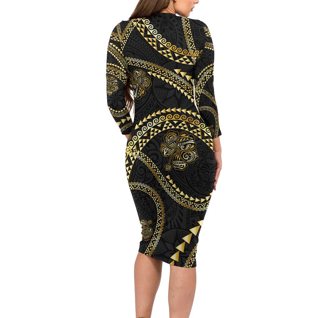 Hawaiian Kakau Art and Hisbiscus Tattoo Family Matching Long Sleeve Bodycon Dress and Hawaiian Shirt Tribal Pattern-Gold Style - Polynesian Pride