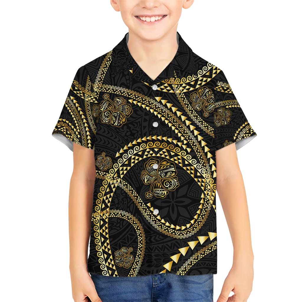 Hawaiian Kakau Art and Hisbiscus Tattoo Family Matching Long Sleeve Bodycon Dress and Hawaiian Shirt Tribal Pattern-Gold Style - Polynesian Pride