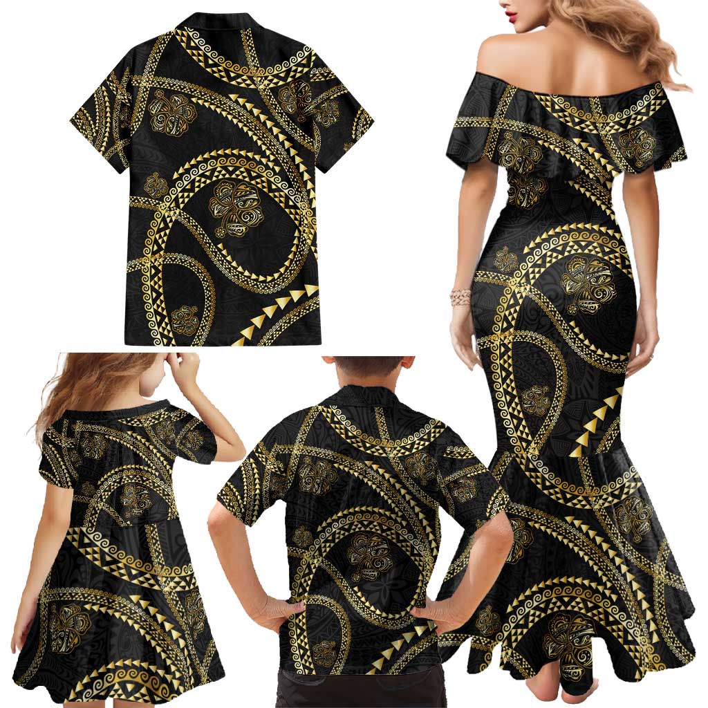 Hawaiian Kakau Art and Hisbiscus Tattoo Family Matching Mermaid Dress and Hawaiian Shirt Tribal Pattern-Gold Style - Polynesian Pride
