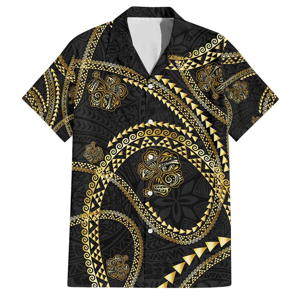 Hawaiian Kakau Art and Hisbiscus Tattoo Family Matching Off Shoulder Maxi Dress and Hawaiian Shirt Tribal Pattern-Gold Style - Polynesian Pride