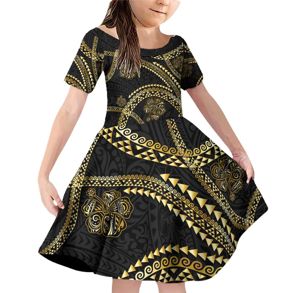 Hawaiian Kakau Art and Hisbiscus Tattoo Family Matching Off Shoulder Short Dress and Hawaiian Shirt Tribal Pattern-Gold Style - Polynesian Pride