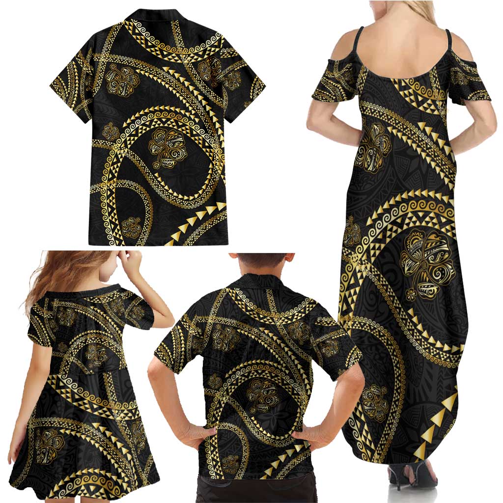 Hawaiian Kakau Art and Hisbiscus Tattoo Family Matching Summer Maxi Dress and Hawaiian Shirt Tribal Pattern-Gold Style - Polynesian Pride