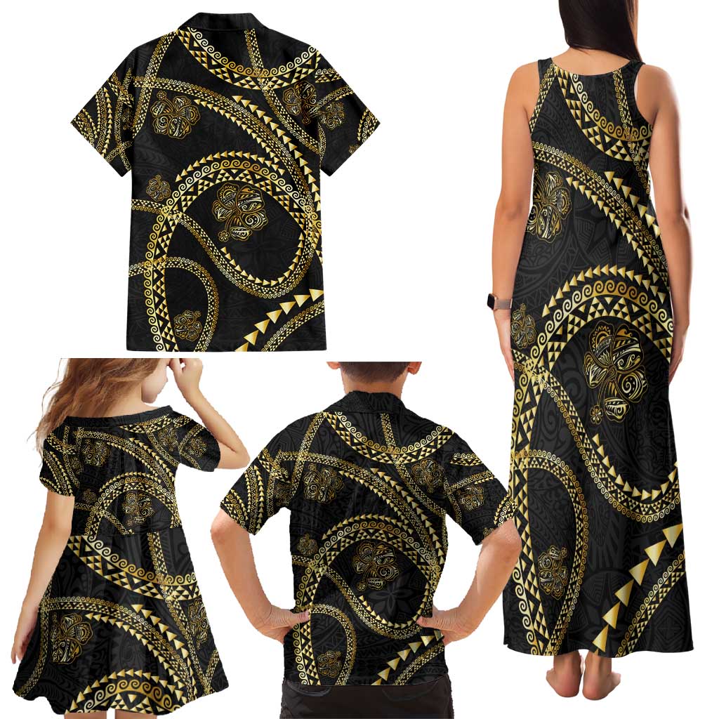 Hawaiian Kakau Art and Hisbiscus Tattoo Family Matching Tank Maxi Dress and Hawaiian Shirt Tribal Pattern-Gold Style - Polynesian Pride