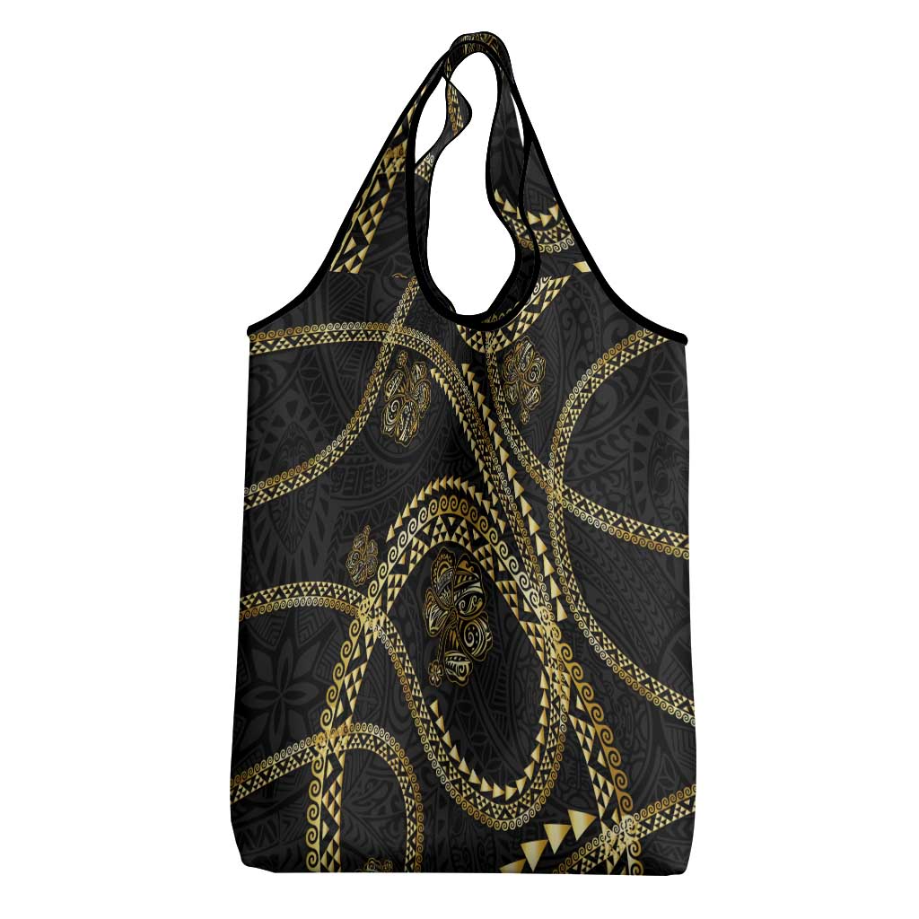 Hawaiian Kakau Art and Hisbiscus Tattoo Grocery Bag Tribal Pattern-Gold Style - Polynesian Pride