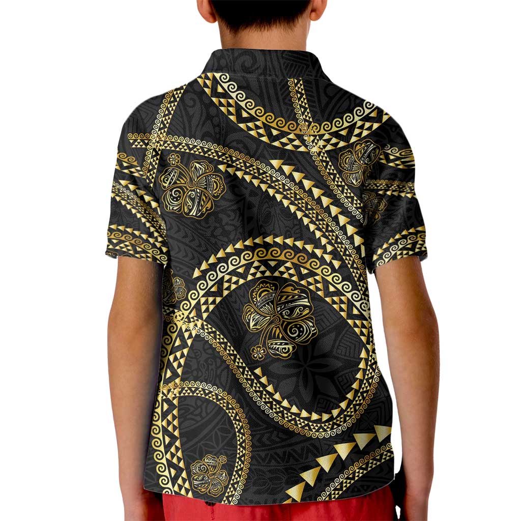 Hawaiian Kakau Art and Hisbiscus Tattoo Kid Polo Shirt Tribal Pattern-Gold Style - Polynesian Pride