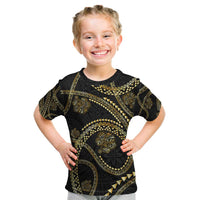 Hawaiian Kakau Art and Hisbiscus Tattoo Kid T Shirt Tribal Pattern-Gold Style - Polynesian Pride